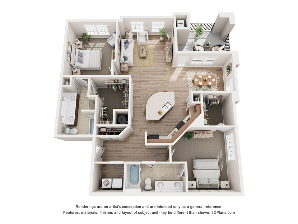 Floor plan for 2 beds, 2 baths, 1291 sqft